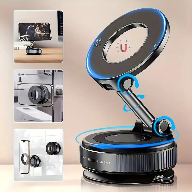 Strong Magnetic Car Phone Holder Foldable Magsafe Design 360° Adjustable Vacuum Mount for Car/Desk/Bathroom/ Use Metal