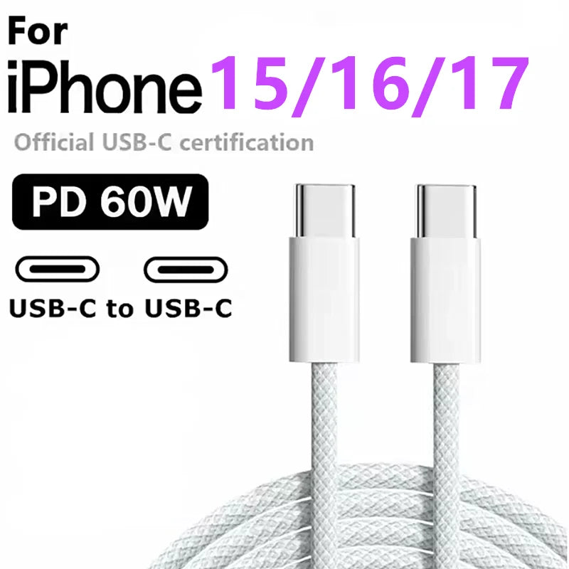 60W Type C to Type C Cable Data Line for Iphone 15 16 17 Samsung Xiaomi Fast Charging USB C to C Cable Type C Data Charger 1M2M