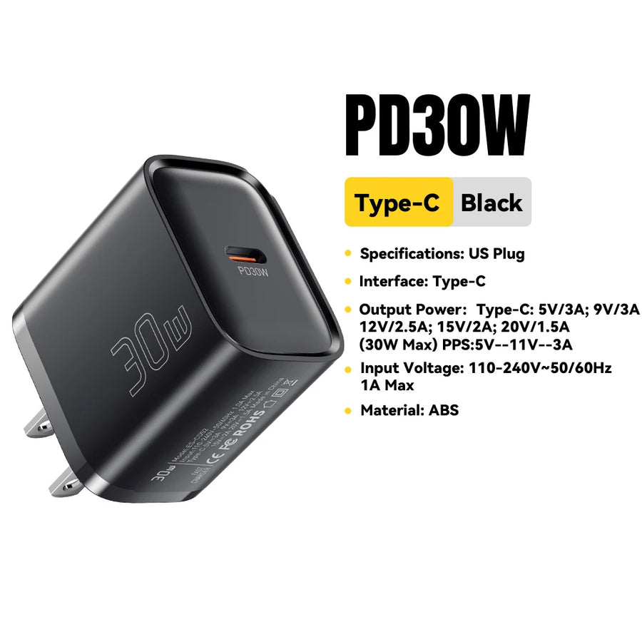 Mini 30W Type C Charger PD QC3.0 Fast Type C Charger for Iphone 16 15 14 13 Pro Samsung S25 Xiaomi Ipad Travel Adapter