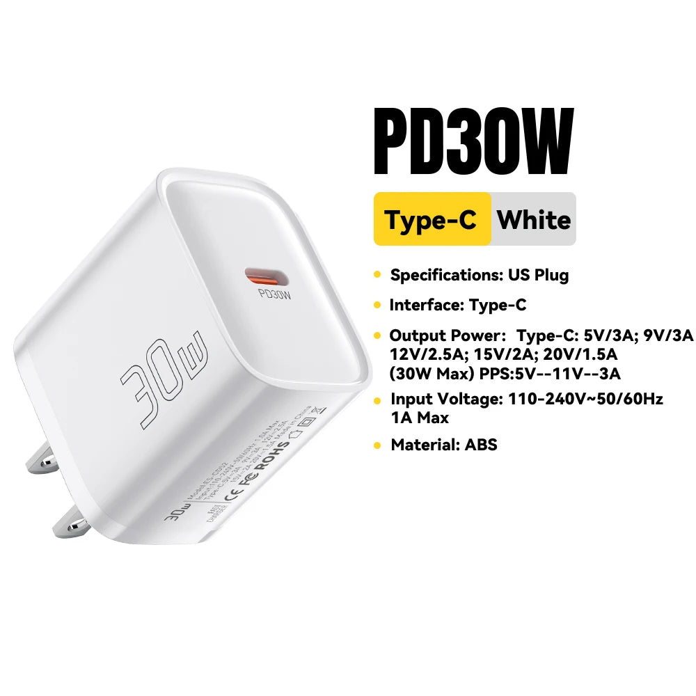Mini 30W Type C Charger PD QC3.0 Fast Type C Charger for Iphone 16 15 14 13 Pro Samsung S25 Xiaomi Ipad Travel Adapter