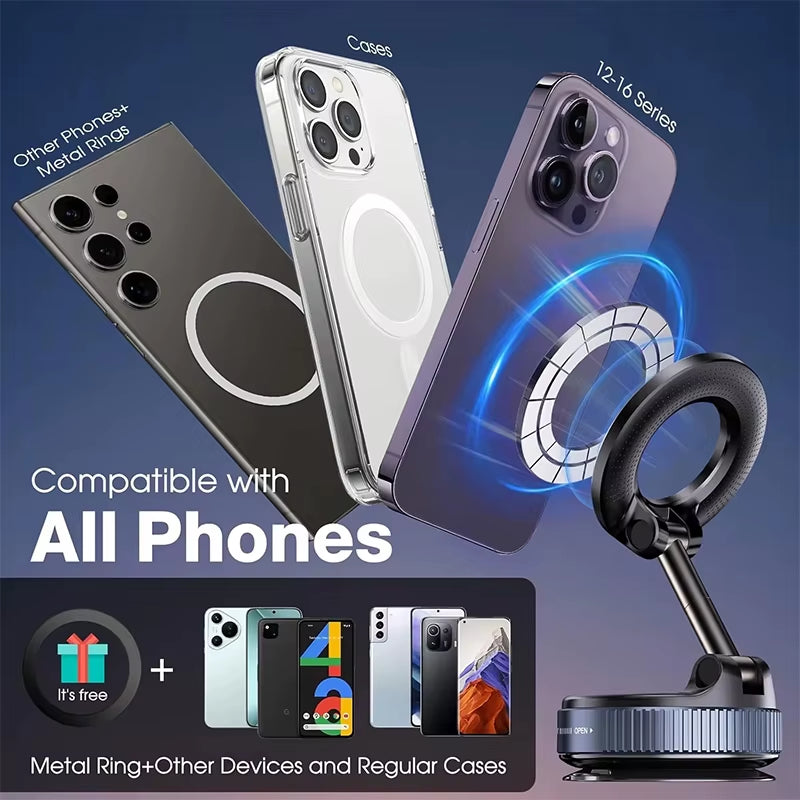 Strong Magnetic Car Phone Holder Foldable Magsafe Design 360° Adjustable Vacuum Mount for Car/Desk/Bathroom/ Use Metal